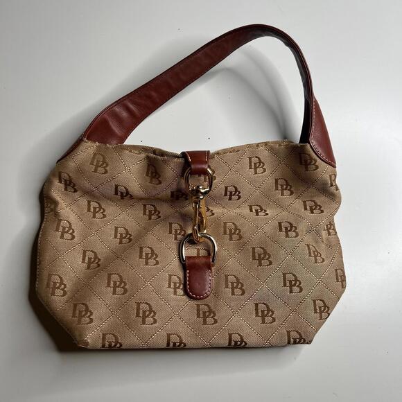 Dooney & Bourke Handbags - Dooney‎ & Bourke DB Signature Jacquard Shoulder Bag Brown Tan Leather Trim Hook